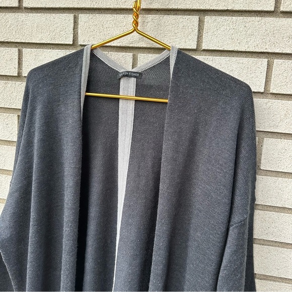 Eileen Fisher Merino Wool Open Front Cardigan Gray Contrast Trim Sustainable - Picture 5 of 13